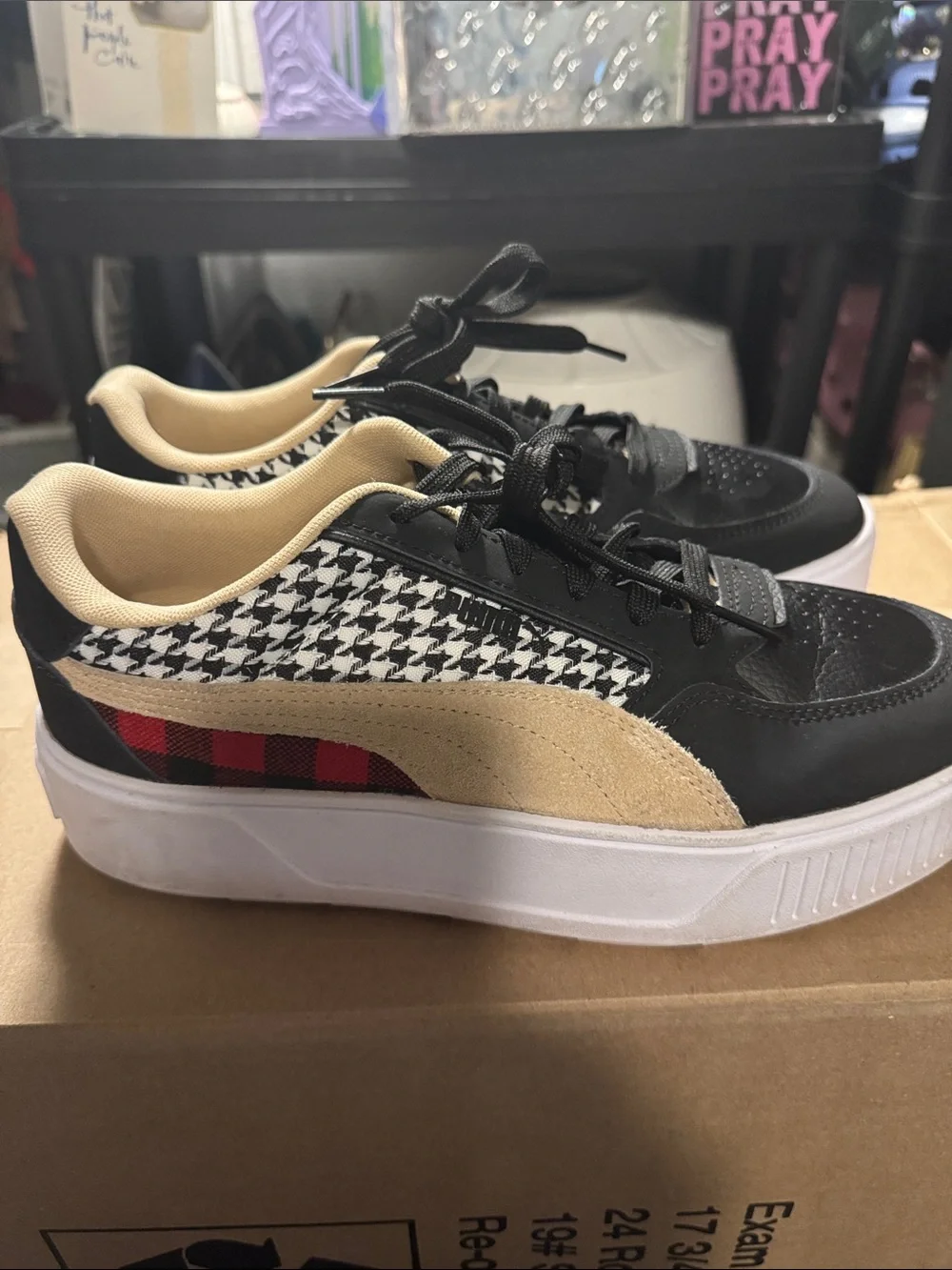Puma Black and White Low-Top Sneakers with Houndstooth Accent